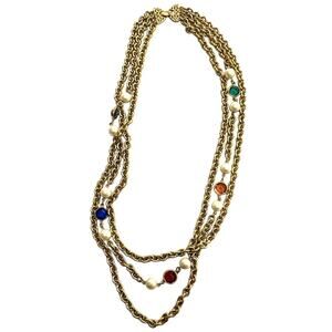 Multi Strand Layered Gold Tone Jeweled Chain Necklace Multi Color Beads